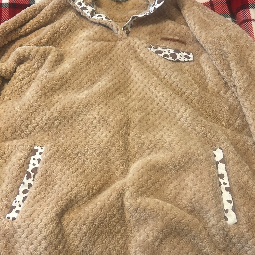 Cozy Tan Sherpa Pullover with Cow Print Accents